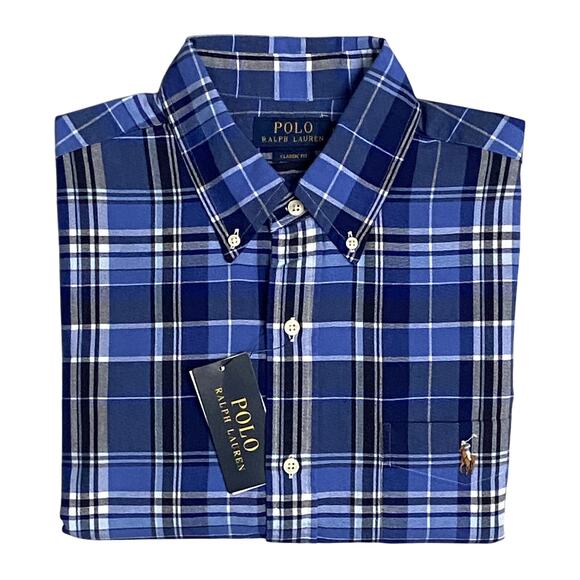 Polo Ralph Lauren Shirt Men's Medium Classic Fit Button-Down Blue Plaid NEW - Picture 1 of 12